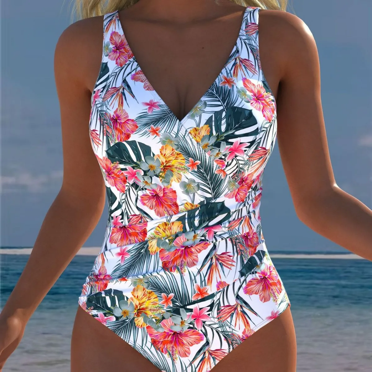 Women One Piece Suits Swimsuit Gradient Wrap V Neck Swimsuits Ruched Tummy Control Sportswear Beach Bathing Suit Swimwear