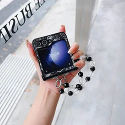 Bead PU Leather Wrist Strap Phone Case for Samsung Galaxy Z Flip 6 5 4 3 5G Hinge Protection Shockproof Cover