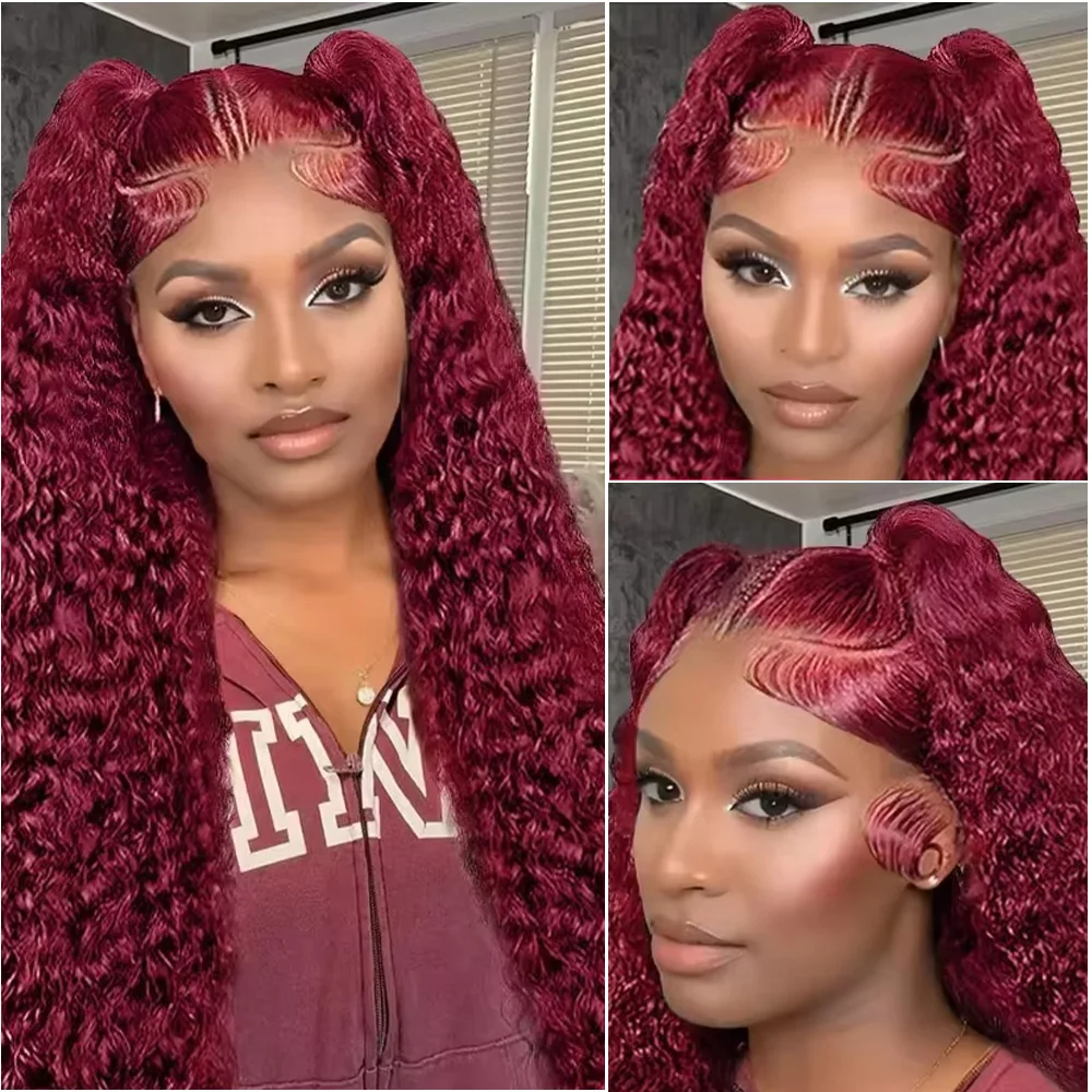 30 36 بوصة HD الدانتيل الشفاف 200% الكثافة 13x6 الدانتيل الأمامي 99j بورجوندي قبل قطعها الملونة موجة عميقة أمامي باروكة من شعر طبيعي