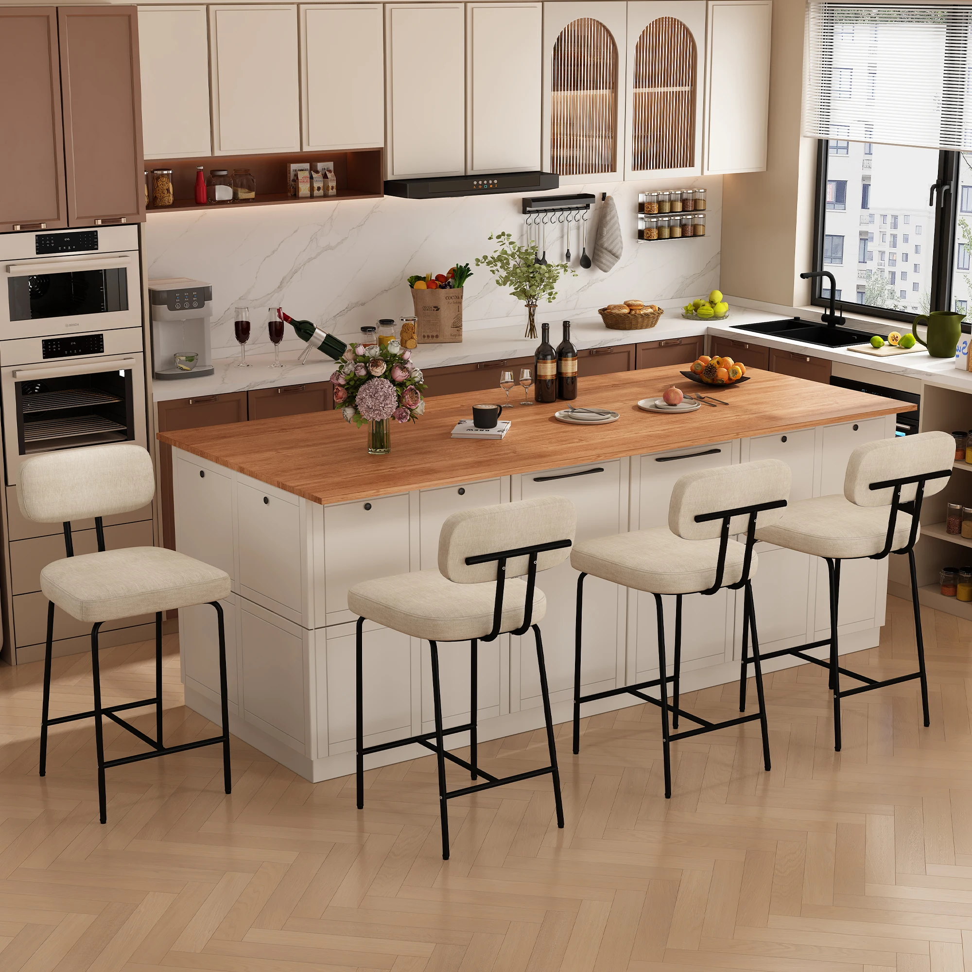 

Counter Height Bar Stools, 26" Barstools Set of 4, Fabric Kitchen Stools with Back Wide Seat Footrest Metal Legs for Kitchen