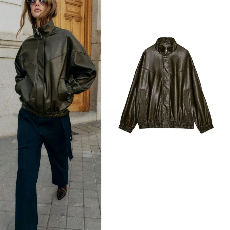 الشتاء المرأة عادية Sle سستة طويلة Sve الوقوف طوق بولي Leather الجلود الطيار Jaet معطف Faionable ملابس خارجية 30027 #1