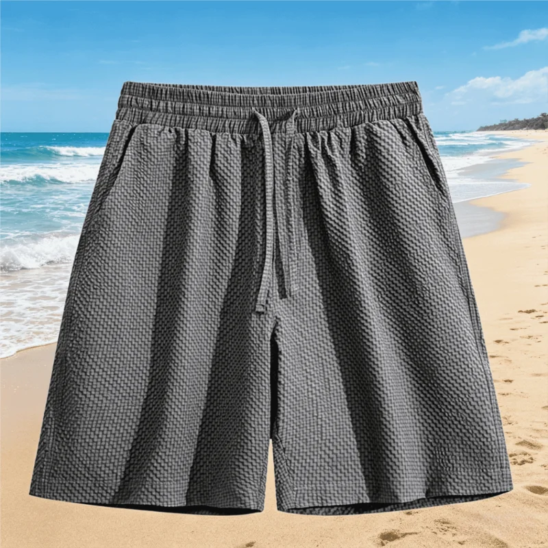

2026 Spring Summer Outdoor Casual Mens Shorts Vacation Seaside Beach Loose Bottoms Men Vintage Waffle Plaid Textured Short Pant