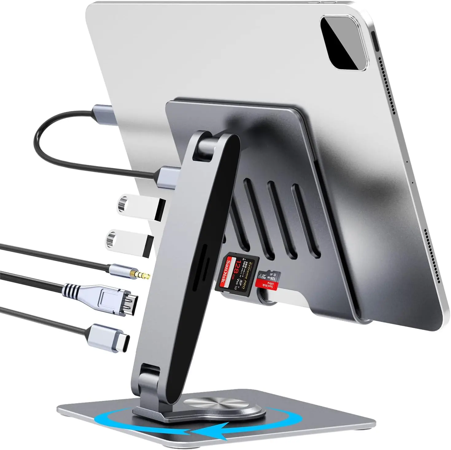 

Adjustable Tablet Stand with 7-in-1 USB-C Hub, 360° Swivel Base, 4K HDMI, 100W PD Charging for iPad