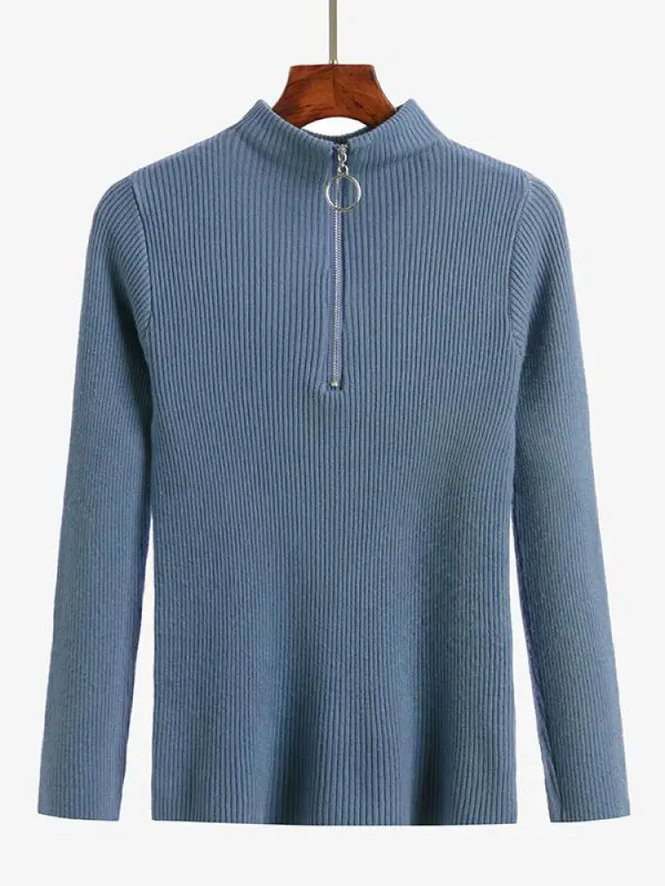 Moda feminina sólida blusas de malha vintage manga longa zip-up básico meia gola alta camisola feminina pullovers chique casual topos