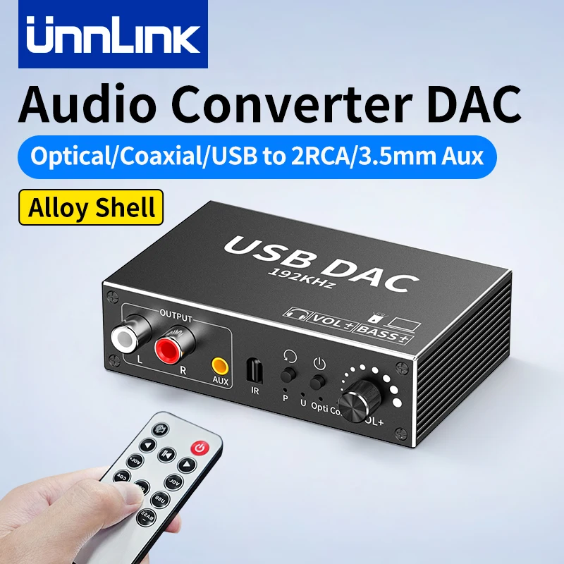 Unnlink Digital to Analog Audio Converter DAC Volume Control Optical Coaxial USB to 2 RCA 3.5mm Aux Decoder