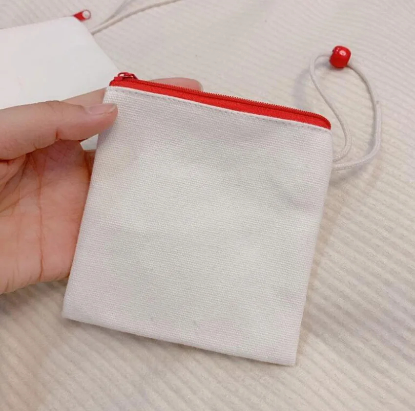 10Pcs Coin Purses Women Canvas DIY White Square Short Zipper Ear Line Bag With Red Wood Bead