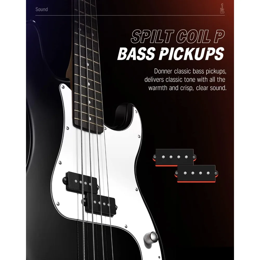 Electric bass guitar with 4 strings, Black beginner with free online lessons, Gig package guitar strap and guitar cable