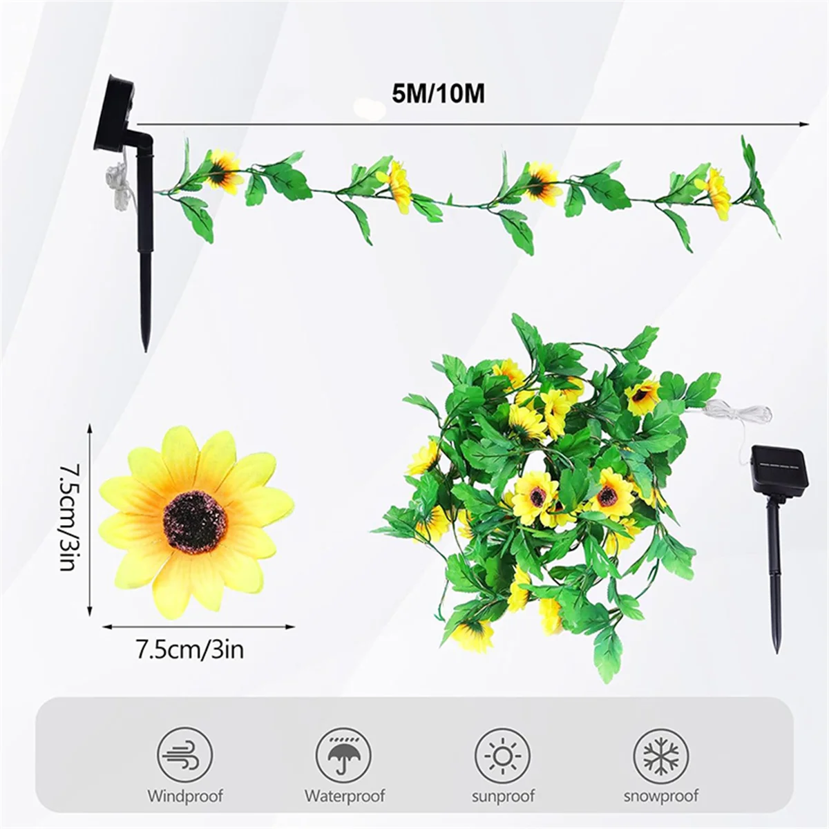 2/5/10M Solar Sunflower String Light Outdoor Waterproof Artificial Flower Vine Atmosphere Lamp For Home Party Holiday Decoration