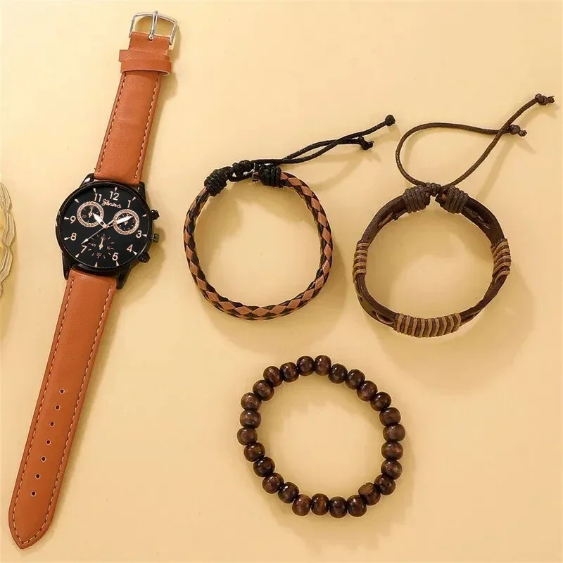 4PCS Set Fashion Mens Business Watches For Men Brown Leather Hand Rope Luxury Man Sport Casual Quartz Wrist Watch Reloj Hombre