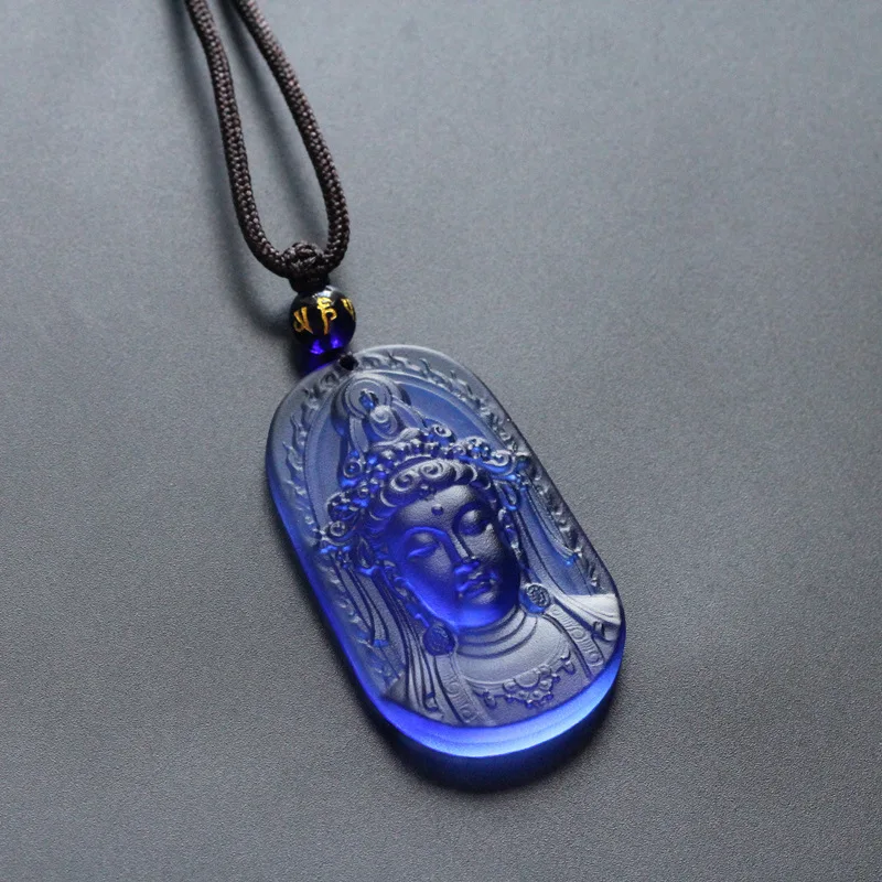 Chinese Style Carved Blue Liuli Guanyin Bodhisattva Pendant Necklace Lucky Blessing Amulet Unisex Adjustable Sweater Chain Spiri