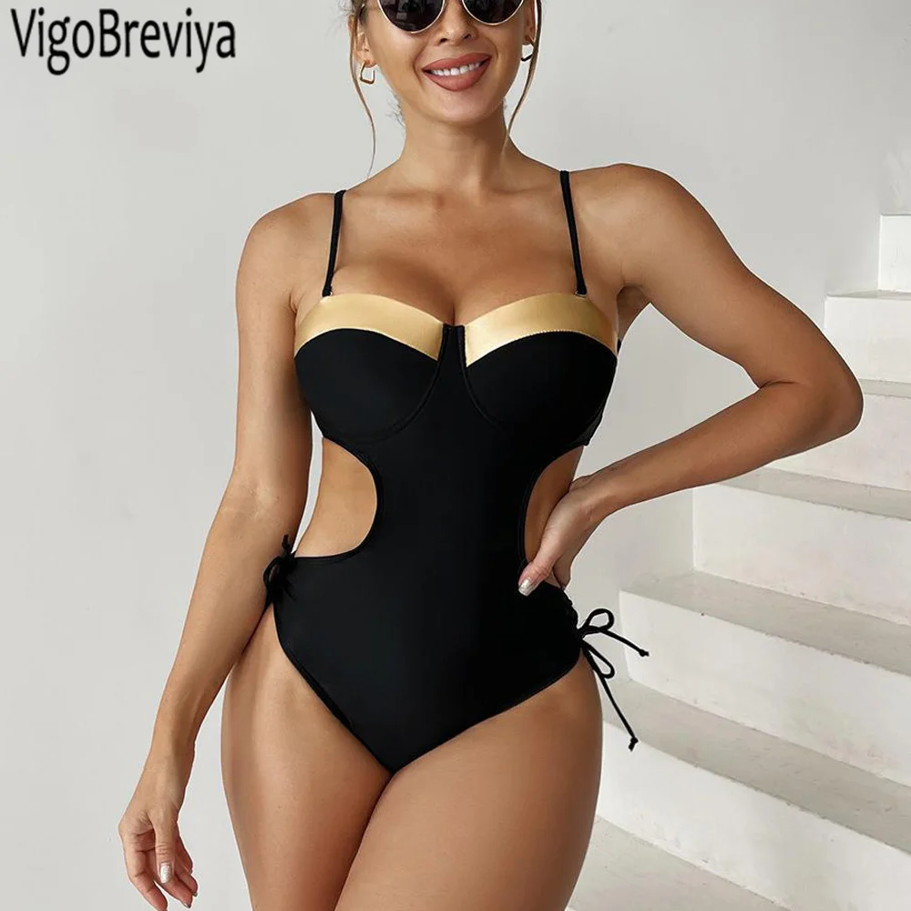 VigoBeviya 2025 Black Strapped Swimwear Women Sexy Hollow Push UP One Piece Swimsuit Monokini Blackless Beach Bathing Suit