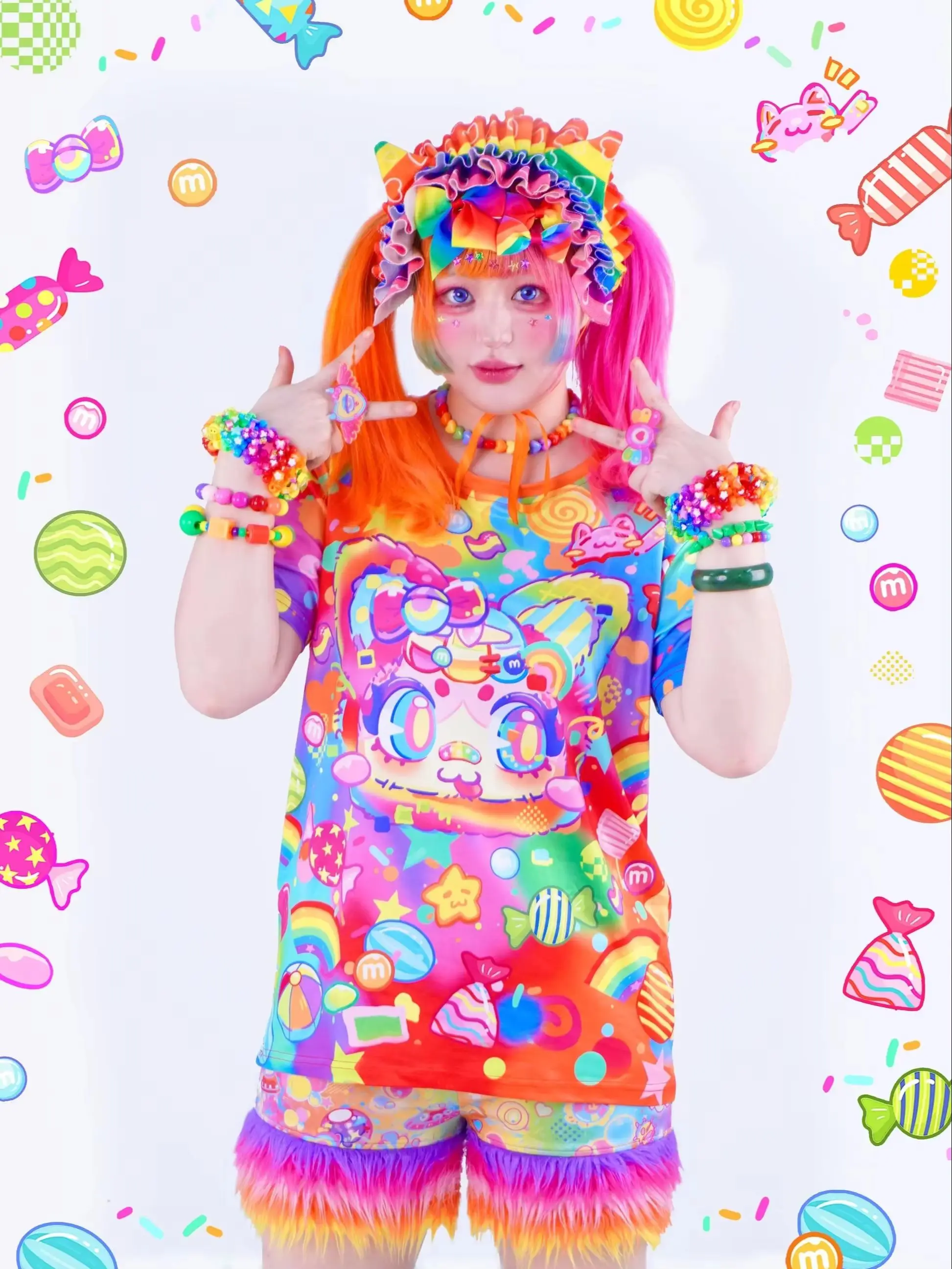 Regenbogen-Bonbon-Kätzchen Bedrucktes T-Shirt Neuestes Harajuku-Style-Design Y2K Lässiges T-Shirt Damen Lässiges Lockeres Großes Bedrucktes T-Shirt – Detail 4