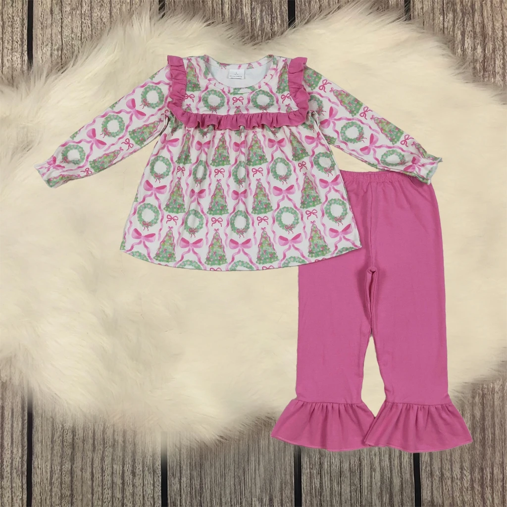 

Cute Kids Christmas Set Baby Girl Toddler Long Sleeves Bows Tree Tunic Cotton Ruffle Pants Children Outfit Clothes Wholesale