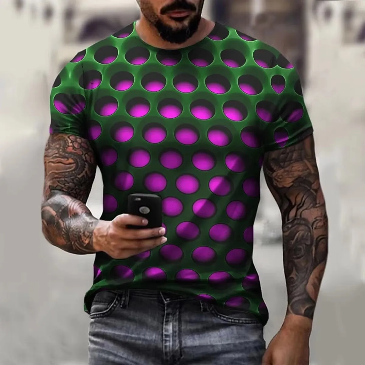 Men's Harajuku Hip Hop T-shirt 3D Optical Illusion Gradient Street Trend Short Sleeve Fashion Versatile Top