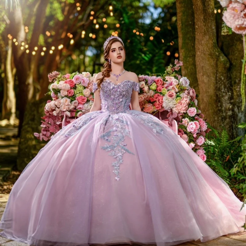 Lilac Sequined Appliques Beading Shiny Crystal Ball Gown Quinceanera Dresses Off The Shoulder Corset Vestidos De 15 Años Sweet