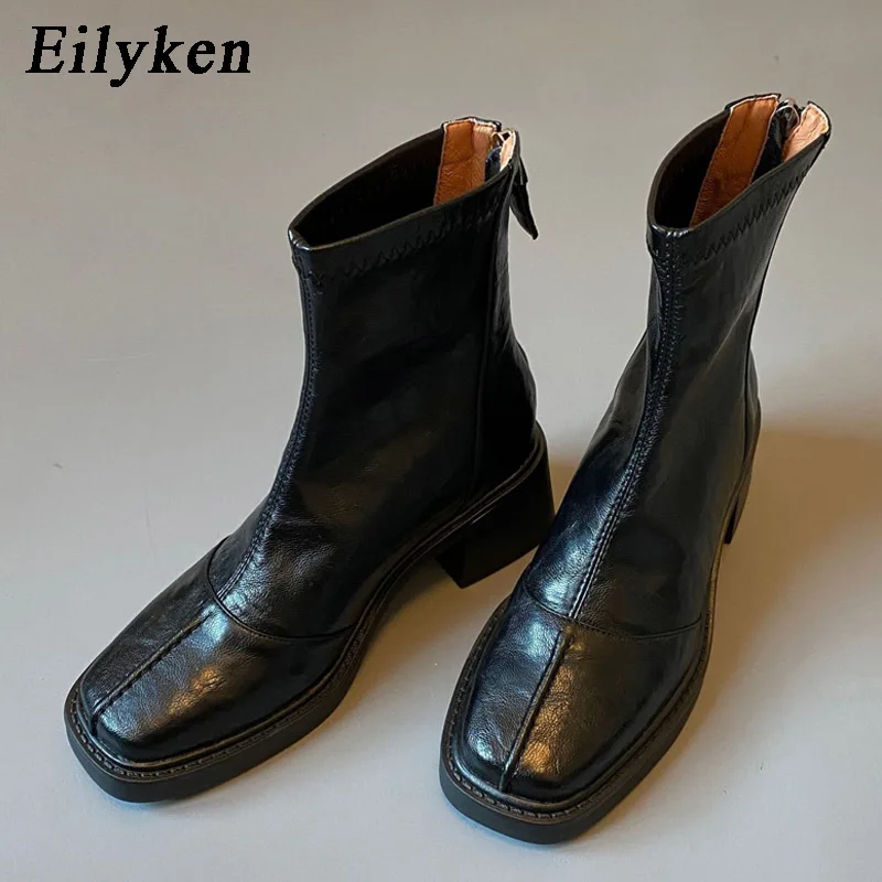Eilyken 2027 Vintage Design Split Stitching Slim Women Ankle Boots Punk Style Square Toe Block Heels Back Zipper Shoes