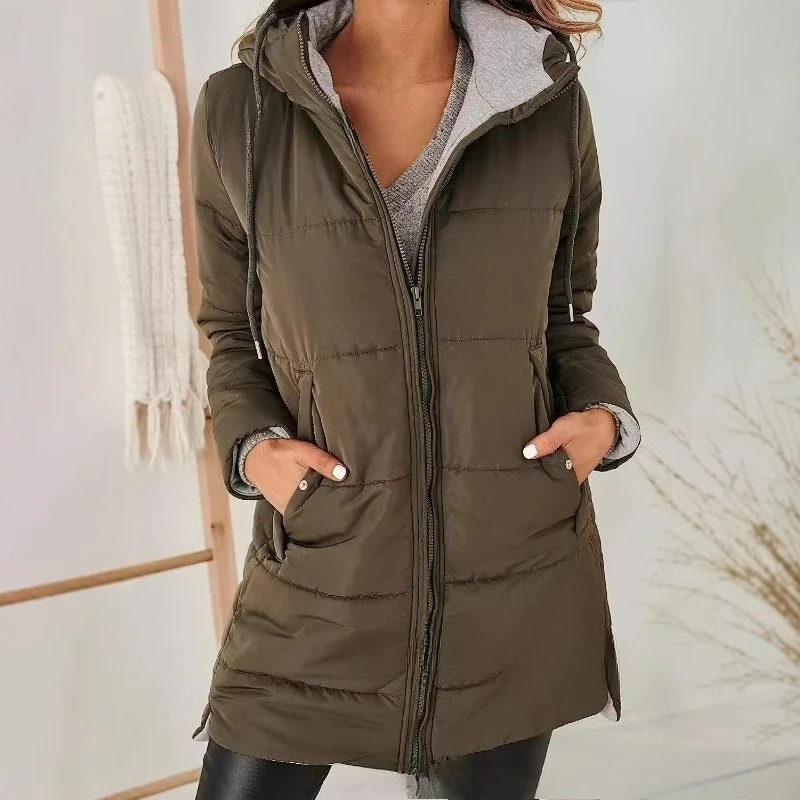 2025 Autumn and Winter Hooded Solid Color Cotton Jacket Long Sleeved Slim Fit Pocket Long Jacket Top