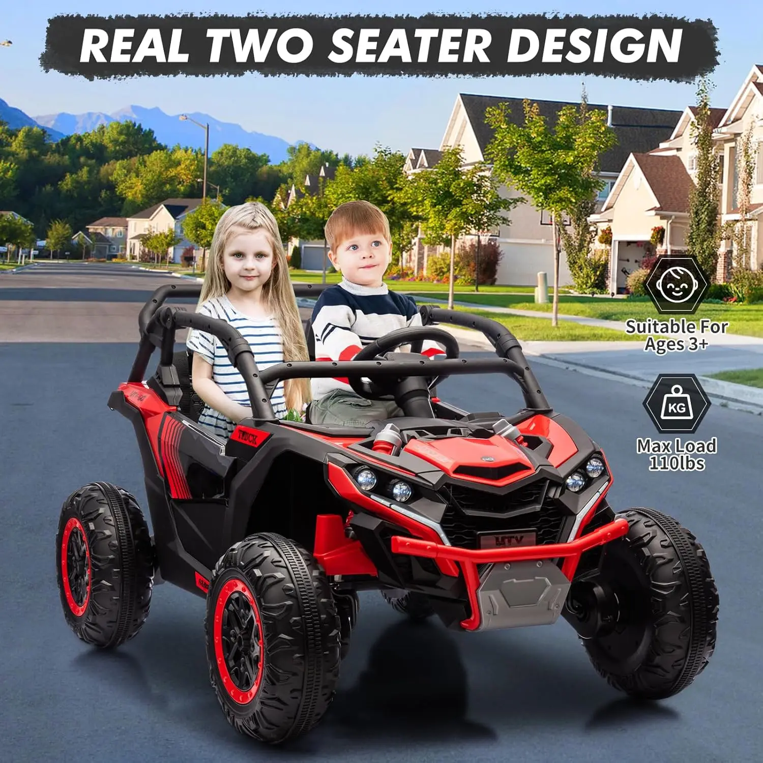 Voiture pour enfants 24V 2 places avec télécommande, camion électrique 4WD tout-terrain UTV avec amortisseur à 4 roues, lumières LED, musique
