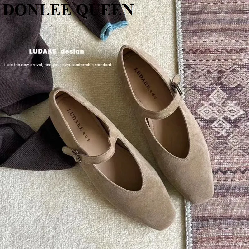 2024 Autumn Brown Women Flats Shoes Fashion Square Toe Ladies Ballerinas Shoes Soft Loafers Outdoor Casual Mary Jane Shoes Mujer