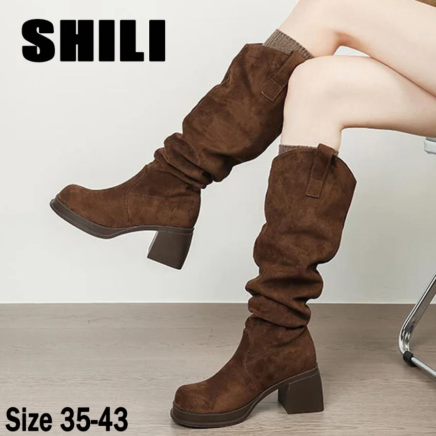 botas mujer Retro Pleated Faux Suede Long Boots For Women Winter Chunky Stiletto Sexy Boots Large Size 43 Versatile Women Boots