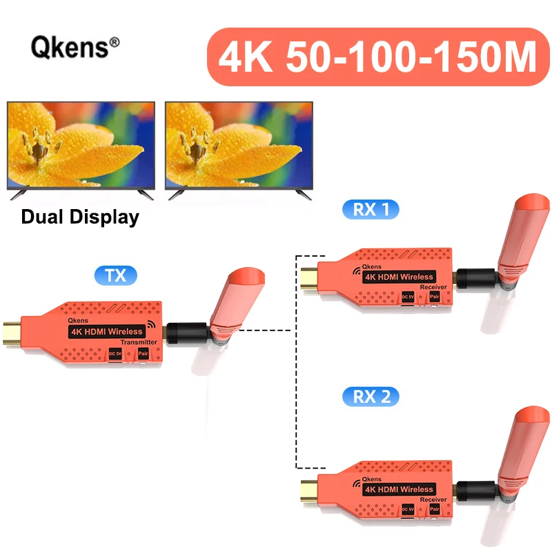 150m 4K Wireless HDMI Extender 1 To 2 Dual Display Wireless Video Transmitter Receiver Adapter for PC Laptop PS4 To TV Projector