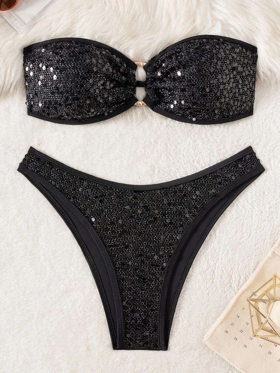 لامعة الترتر شبكة العصابة بيكيني الإناث ملابس السباحة النساء قطعتين مجموعة البكيني البرازيلي ثوب السباحة ملابس السباحة الشاطئ