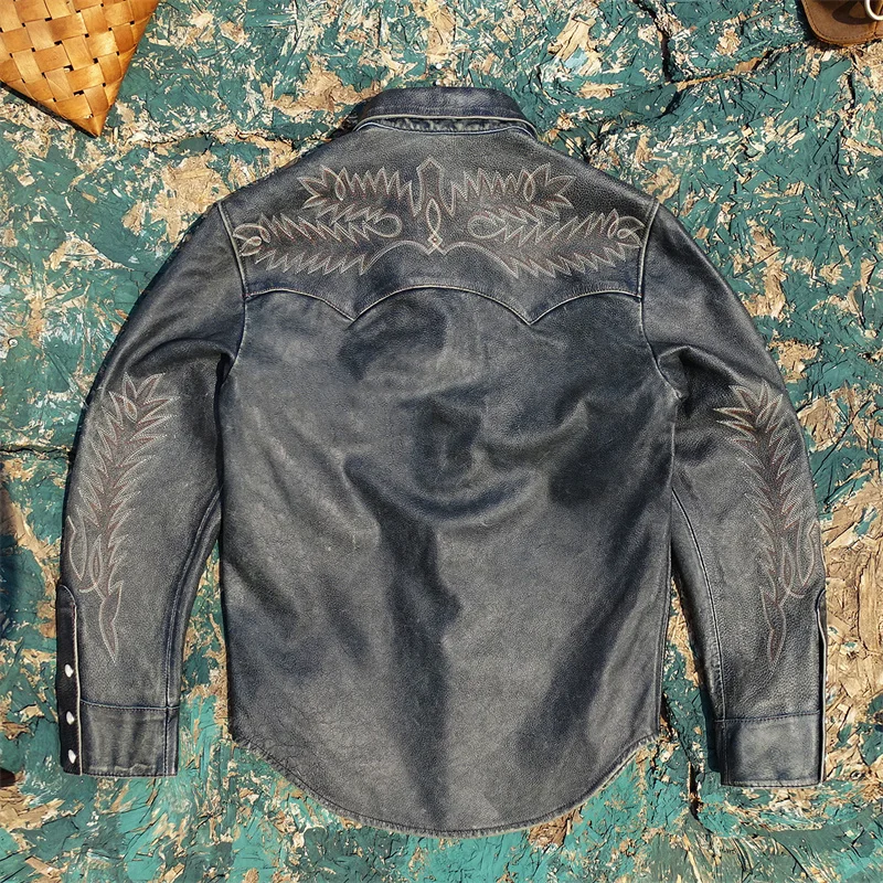 Blue Spring Leather Shirt Men Vintage Style Plus Size 4XL Genuine Natural Cowhide Single Breasted Leather Jacket