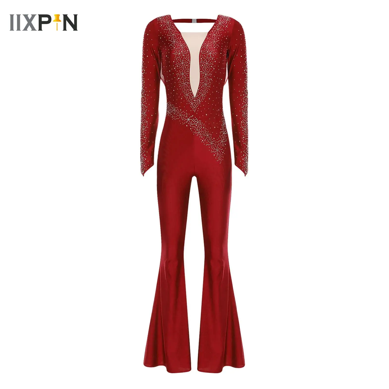 Womens Artistic Gymnastics Figure Skating Costume Ballet Dance Jumpsuit Romper Long Sleeve Shiny Rhinestones Latin Dancewear