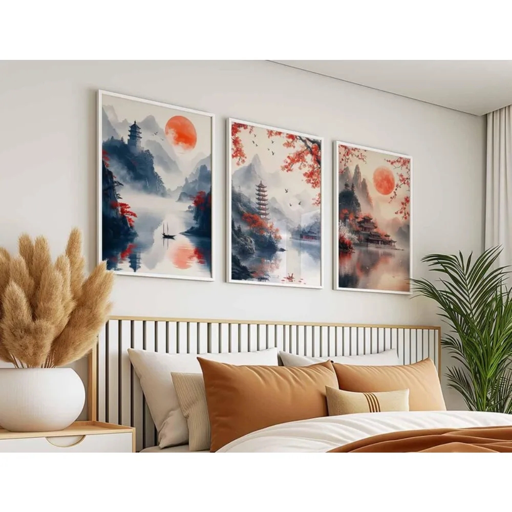 مجموعة ملصقات للمناظر الطبيعية الحمراء الصينية بدون إطار مكونة من 3 قطع، فن تقليدي، مطبوعات غروب الشمس والقمر، ديكور فني طبيعي سلمي #2