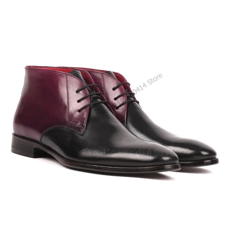 

Purple Black Leather Square Toe Strappy Ankle Boots Fashion Lace Up Men Shoes Luxury Handmade Party Feast Office Men Dress Shoes