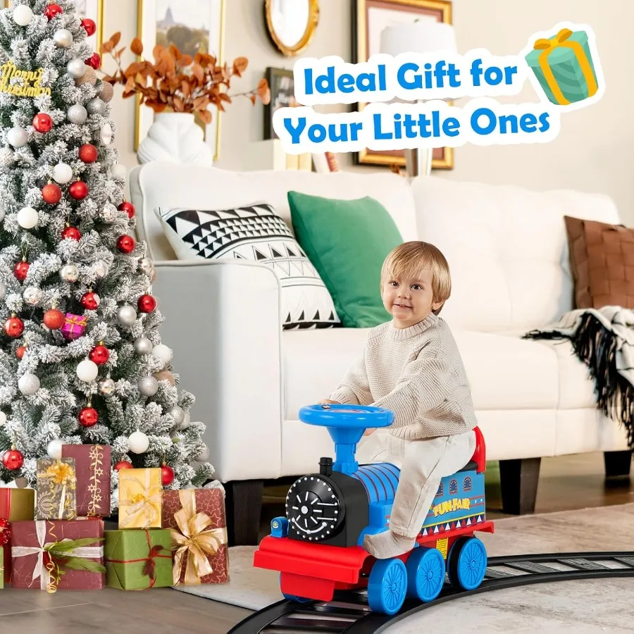 線路付き電車に乗ろう！6Vバッテリー駆動の電動乗用玩具、16個の線路、点滅ライトと音楽、収納シート付きプレイ