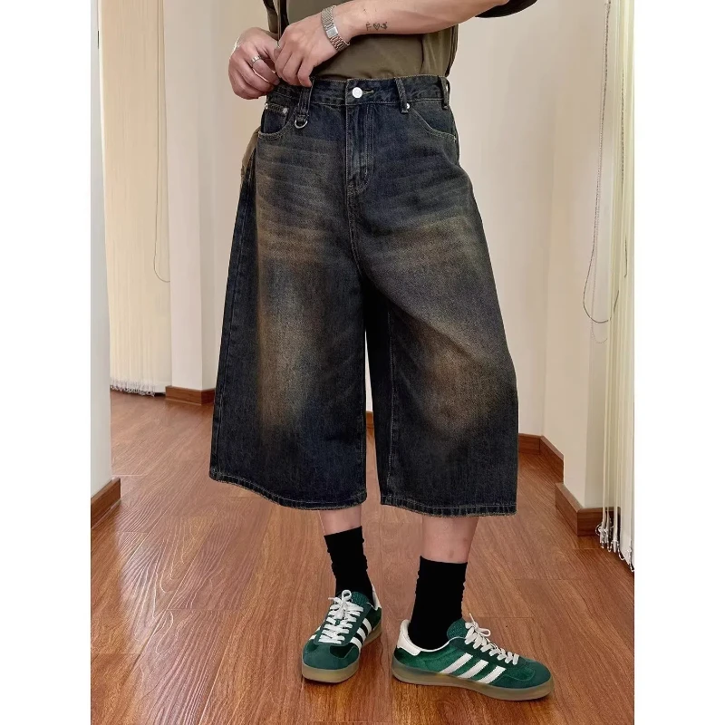 

Summer New American Style Loose Washed Vintage Distressed Jeans Men's Korean Trendy Button Pockets Middle Waist Straight Shorts