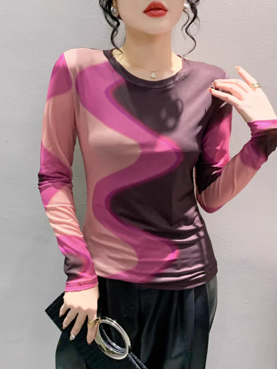 Spring Summer Gadient Color Mesh Base Trend T-shirts For Women O Neck Long Sleeves High Stretch Top Tee Shirt For Female