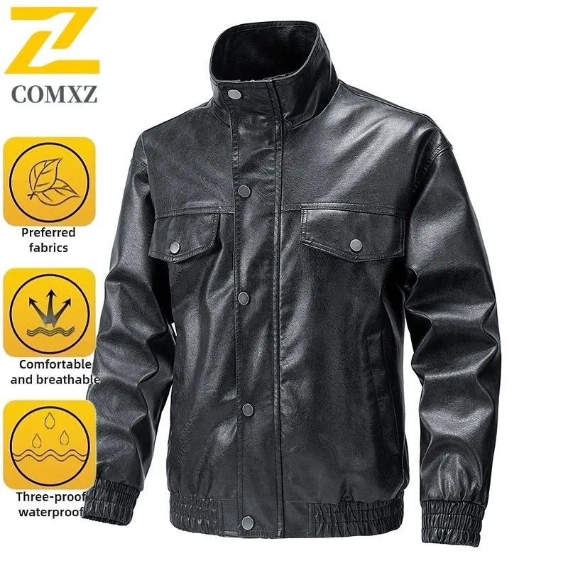 

Men's Vintage Stand Collar Sports Jacket PU Leather Motorcycle Coat Waterproof Windproof Retro Streetwear Spring Fall Outerwear