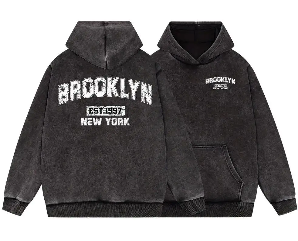 Brooklyn Est.1997 New York Man Vintage Washed Cotton Hoodie Fashion Casual Hoodies Oversize Loose Sweatshirts