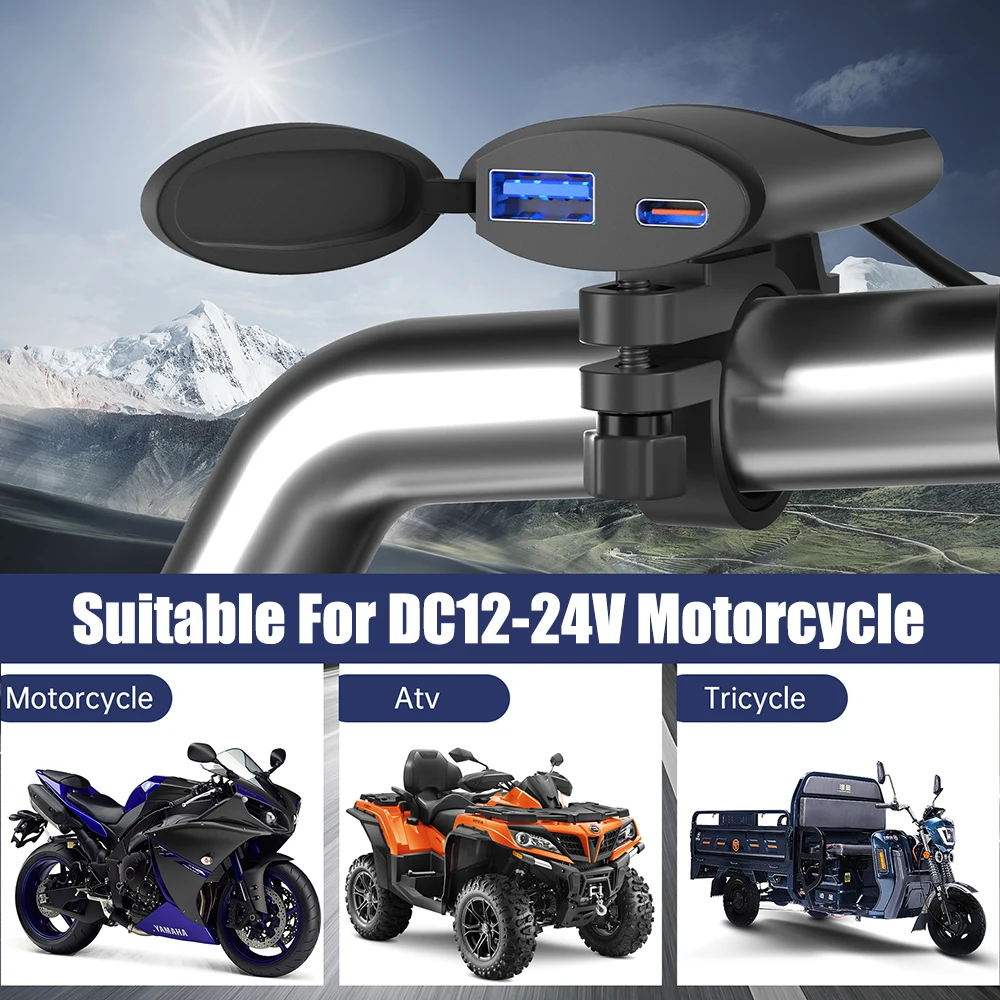 Motorcycle USB Charger 12V-24V 3.4A 30W QC3.0 Fast Charger Moto Phone Charger Handlebar Mounting Bracket Motorcycle Accessories