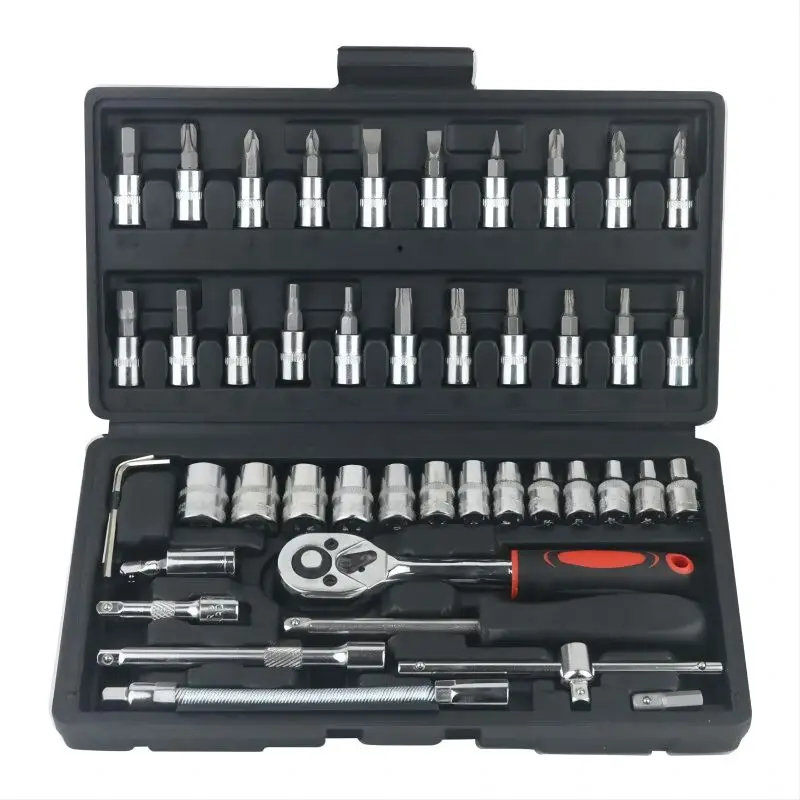 1/4 Inch Drive Socket Ratchet 46Pcs Wrench Set  With Bit Socket Metric And Extension Bar For Auto Car Repairing Tools