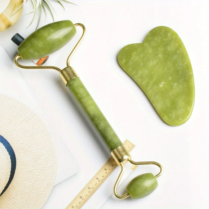Jade Roller and Gua Sha Set - Dual Head Facial Massage Tool for Skin Care, De-puffing and Daily Beauty