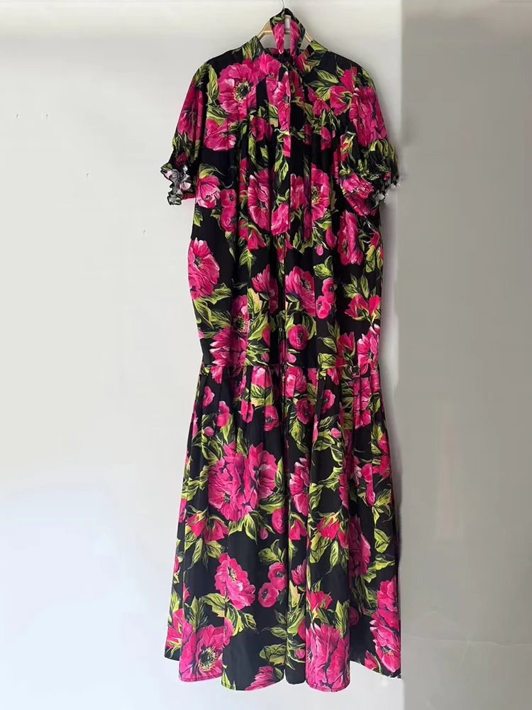 2025 여름 여성 빈티지 프린트 라운드 넥 싱글 브레스트 레이스 업 신치 웨이스트 드레스와 주름진 루즈 푹신한 스커트