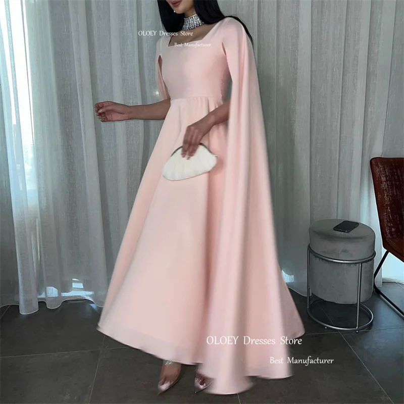 OLOEY-vestidos de fiesta de noche de satén de seda Rosa Simple para bebé, vestidos de fiesta de noche, Mangas de capa larga, cuello cuadrado, largo hasta el té, vestidos de graduación, vestido Formal árabe