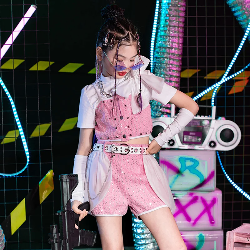 

Cheerleading Clothes For Children Pink Sequins Jazz Dance Outfit Kpop Clothing Catwalk Show Costume Hip Hop Dancewear YS4753