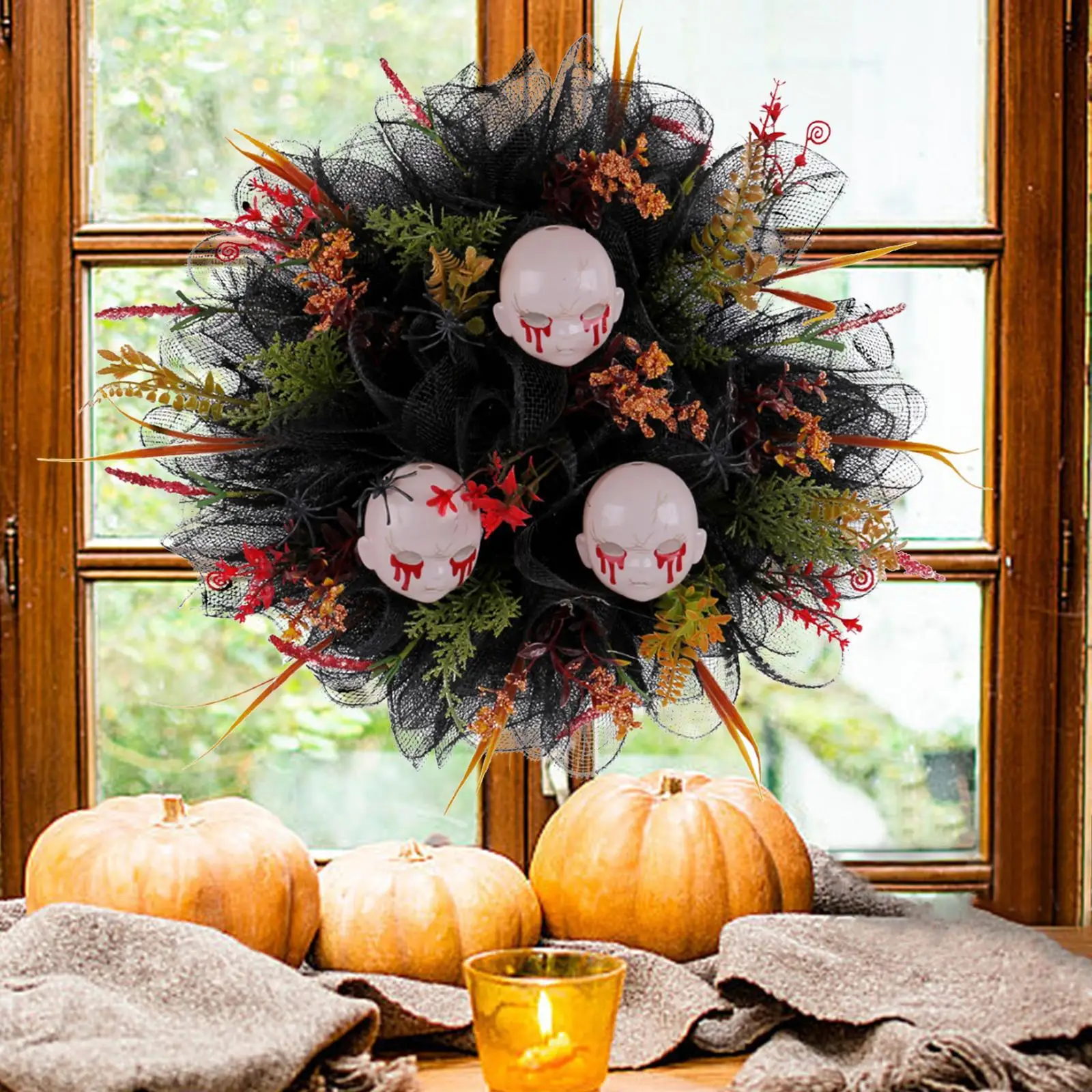 Halloween Wreath 17.72inch Gothic Garland Front Door Wreath Wall Hanging Ornament for Window Patio Outside Porch Festival