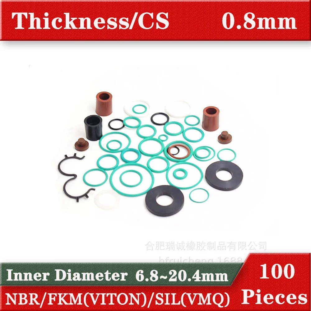 100PCS Select ID size 6.8-20.4 mm NBR VMQ FKM Rubber Silicone o Ring Gaskets CS 0.8 mm Oring Oil Gas Wear Resistant Rings Gasket
