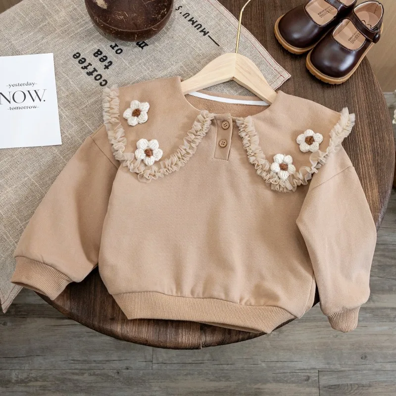 Kids Sweatshirt Spring Autumn Korean Long Sleeve Doll Collar Tops Cute Flower Pullover Children Clothes Casual Baby Girl Clothes