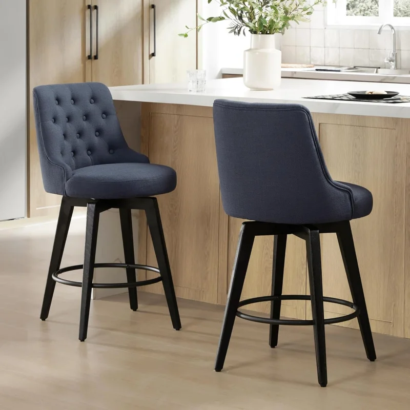 

Blue Set of 2 Modern Swivel Bar Stools – Performance Fabric, Solid Wood, 26H Counter Height with Back