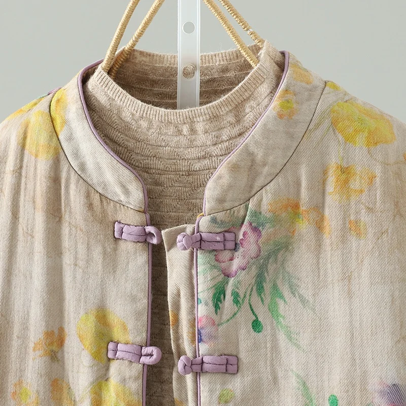 Artistic Retro Cotton Jacket for Women Collar Design Dragon And Phoenix Lotus Pattern National Style Ageless Fashion