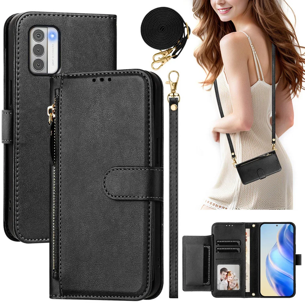 

For Nokia G42 5G Crossbody Leather Wallet Zipper Case For Nokia XR20 X30 X20 G22 G21 G11 G20 G10 C30 C32 C02 C12 Pro C12+ Cover
