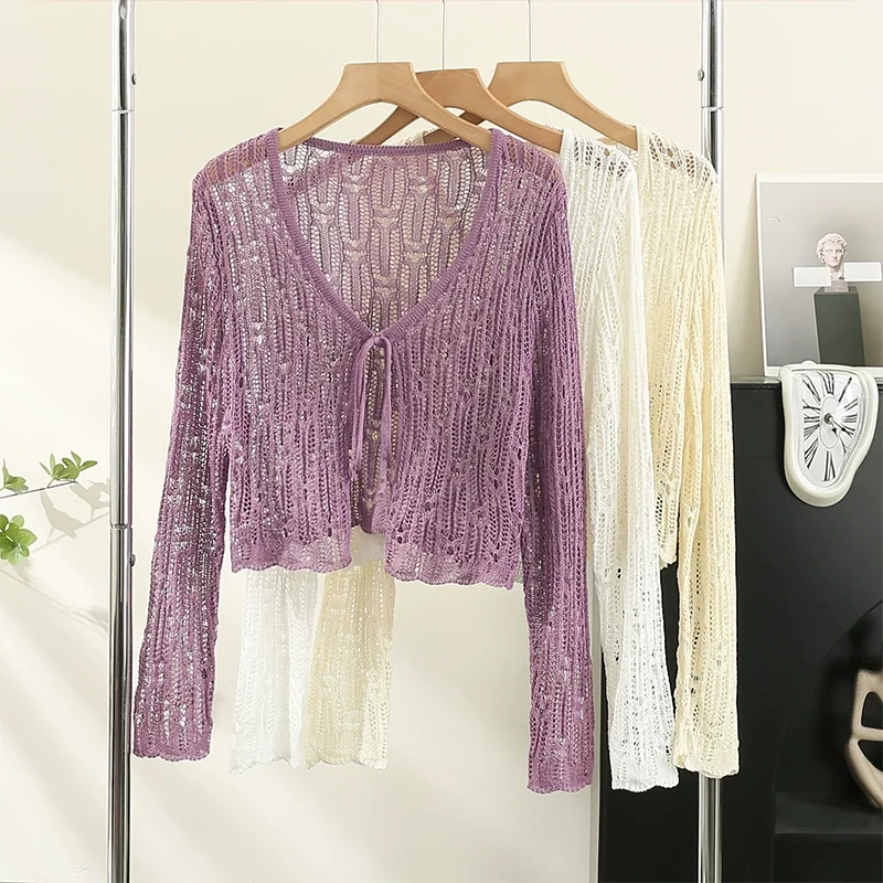 Female Hollow Out Sweater Shirts Lady Summer Full Sleeve Laced Crocheting Cardigan Thin Short Coats for Slim Woman