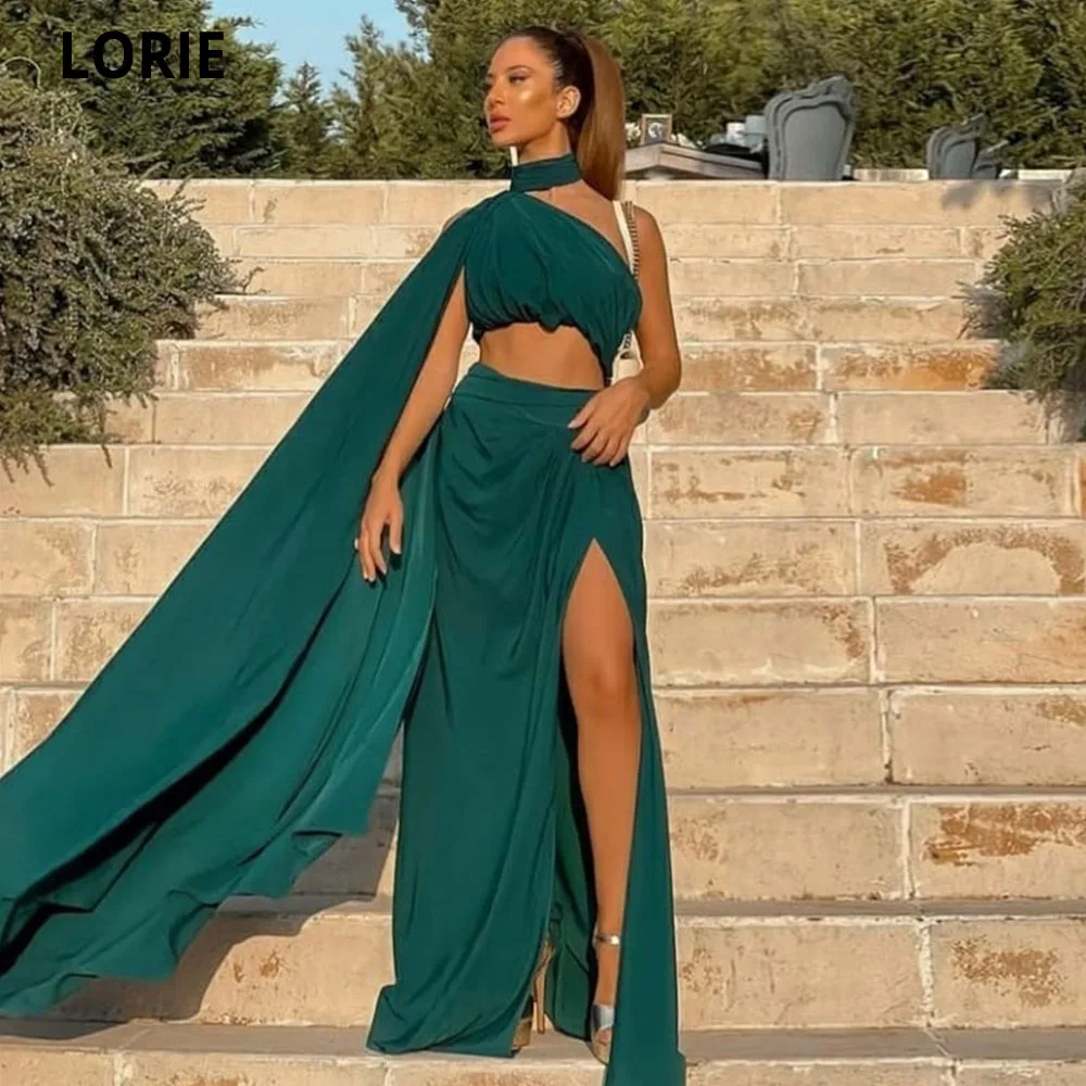 LORIE suknie wieczorowe długie 2022 z wysokim wycięciem bocznym Plus rozmiar sukienka na studniówkę Party Custom Made formalne Halter Cape Vestidos De Fiesta