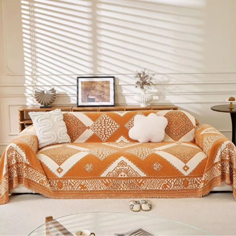 Chenille Sofa Throw Blanket, Geometric Pattern with Tassel Edge, Double-sided All Season Multi-purpose Dust Cover Cloth for Sofa